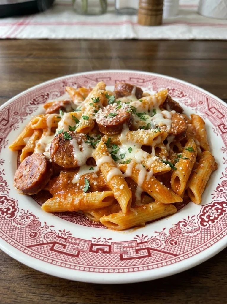 Crockpot Sausage Pasta with smoked sausage rich tomato sauce melted mozzarella and parmesan.