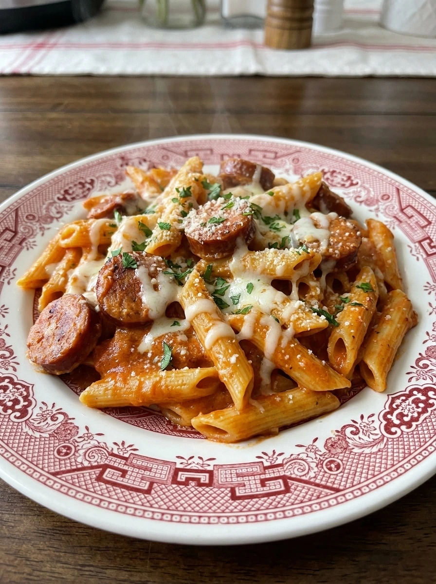 Crockpot Sausage Pasta with smoked sausage rich tomato sauce melted mozzarella and parmesan.