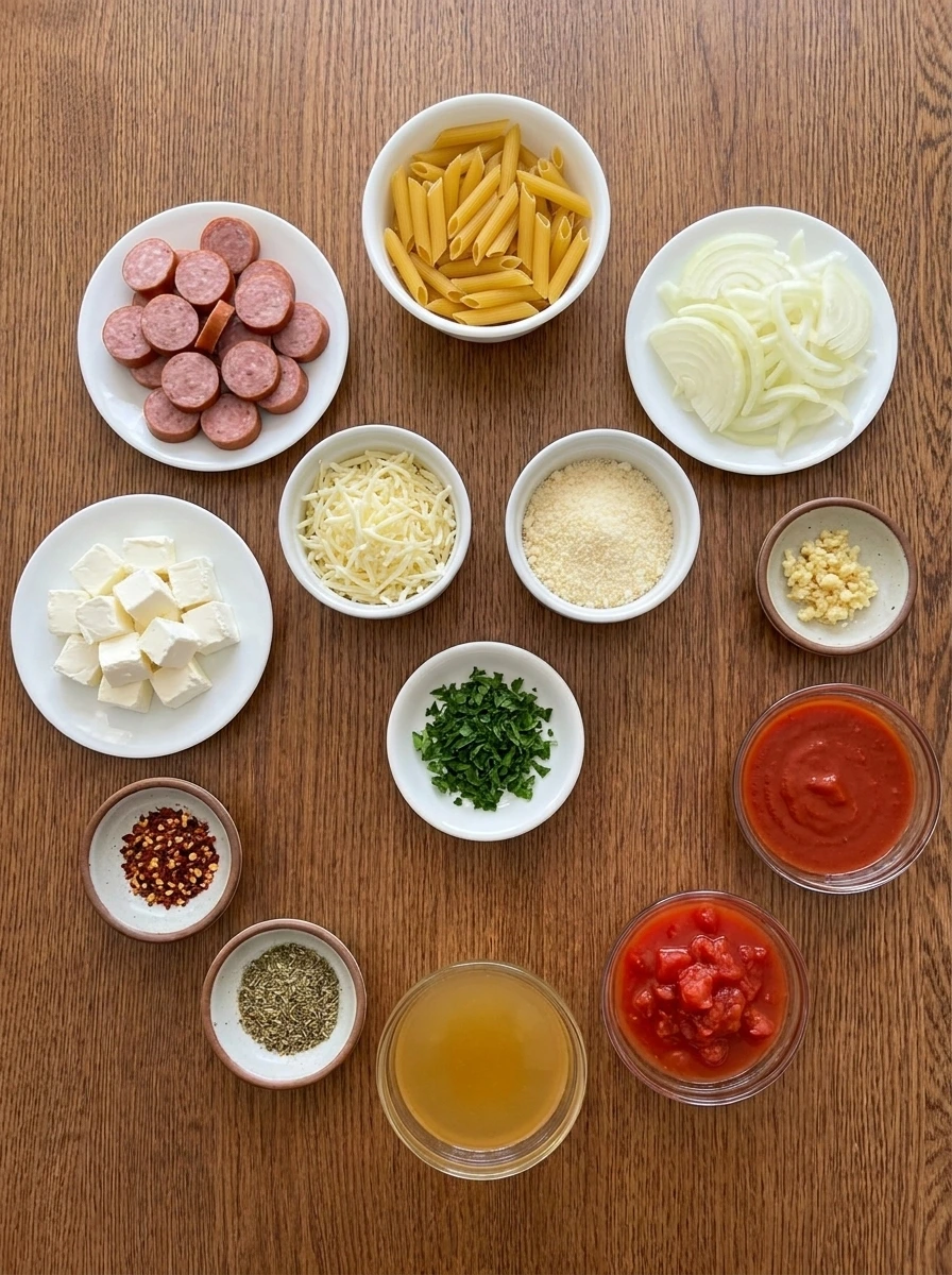 Ingredients for Crockpot Sausage Pasta arranged in separate small containers.