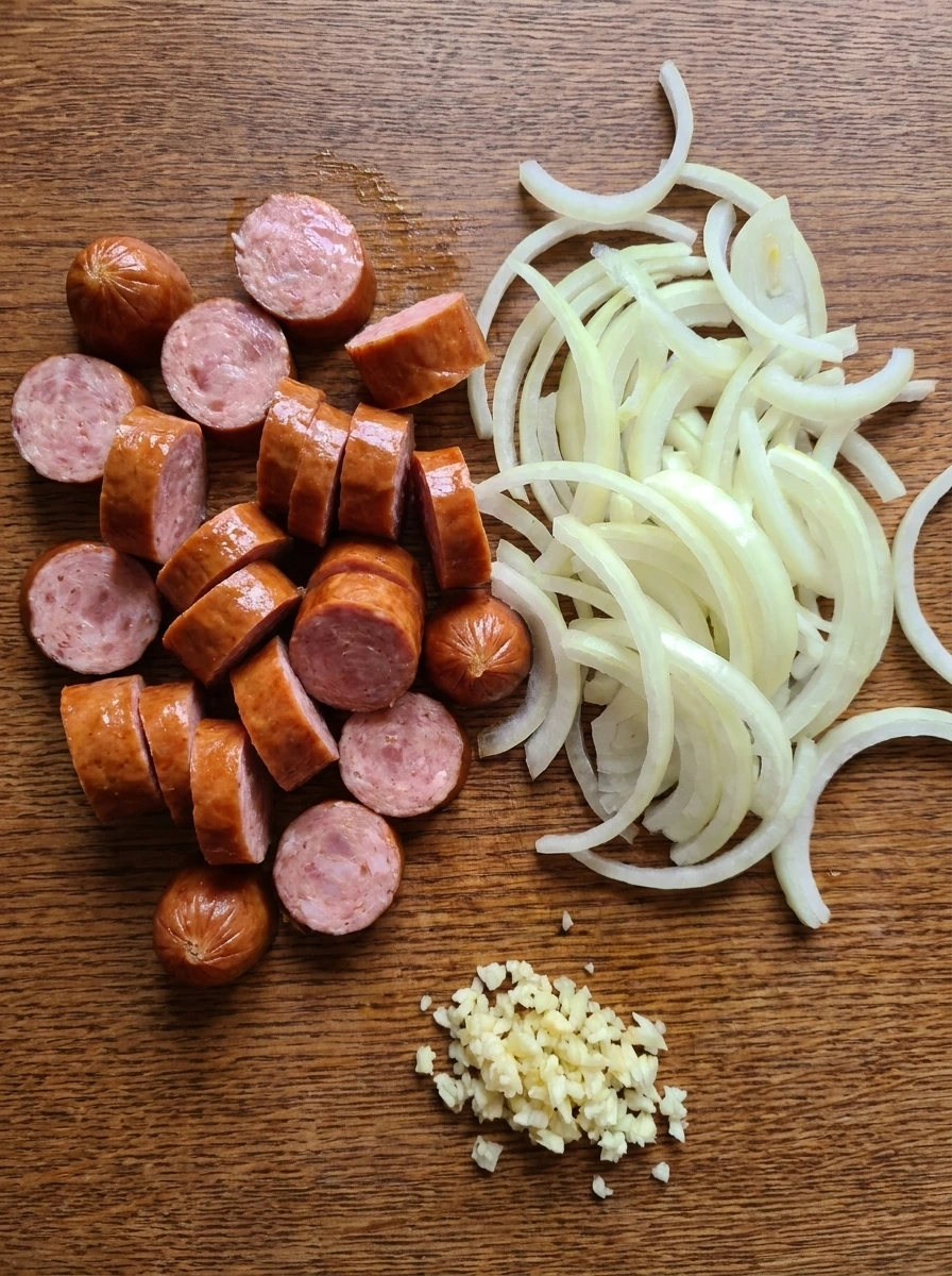 Sliced smoked sausage onion and minced garlic for Crockpot Sausage Pasta.