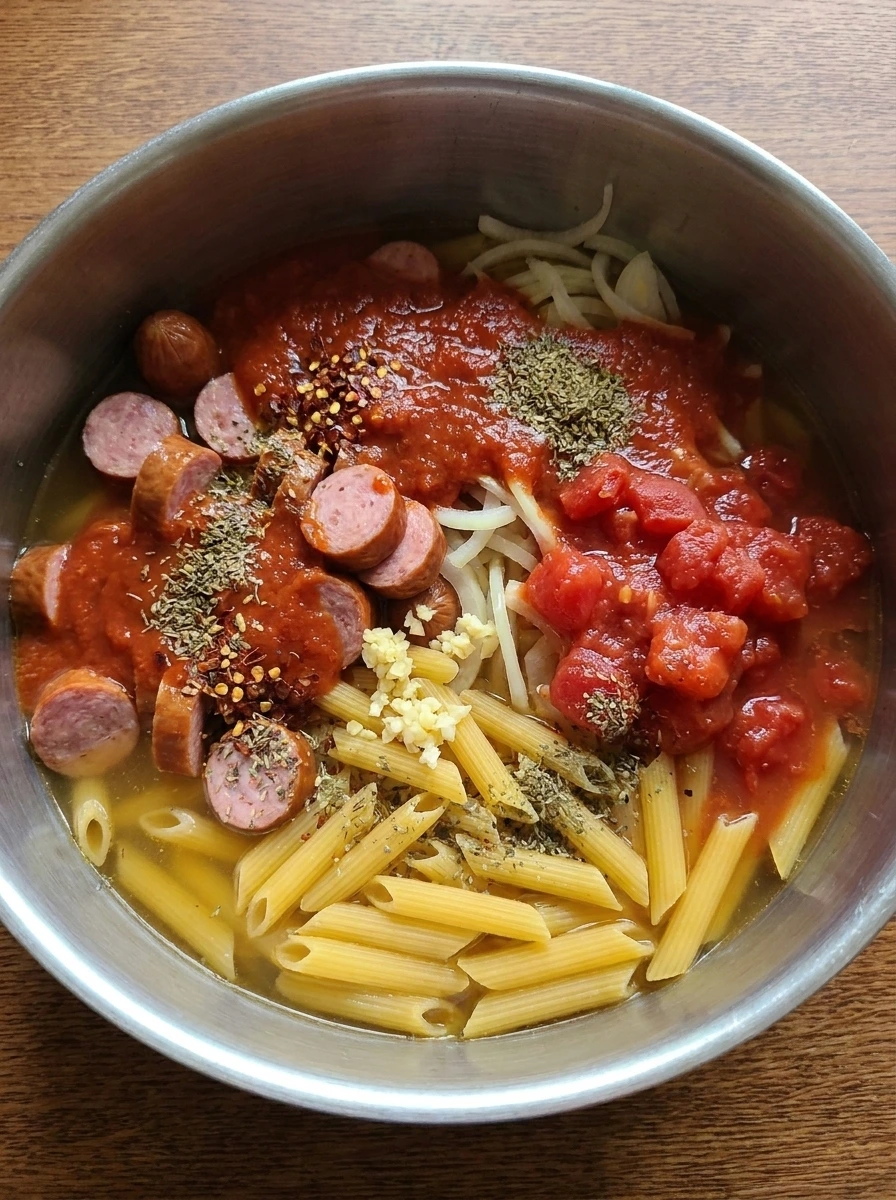 Penne sausage and tomato sauce layered together before cooking.