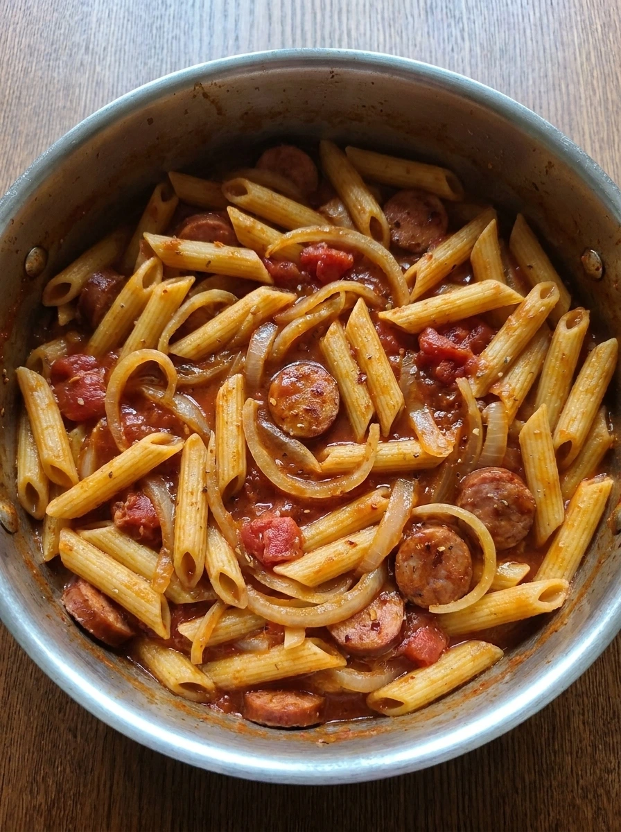 Sausage pasta after slow cooking with softened pasta and thicker sauce.