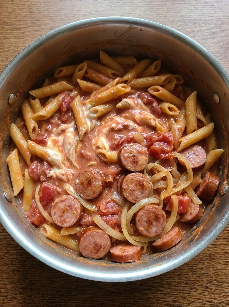 Cream cheese melting into cooked sausage pasta and creating a creamy sauce.