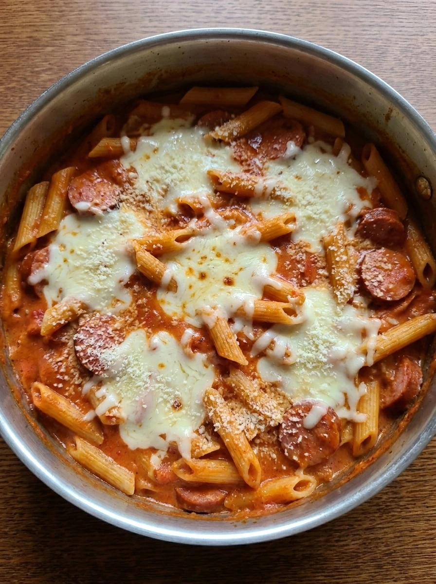 Finished Crockpot Sausage Pasta with melted mozzarella and parmesan.