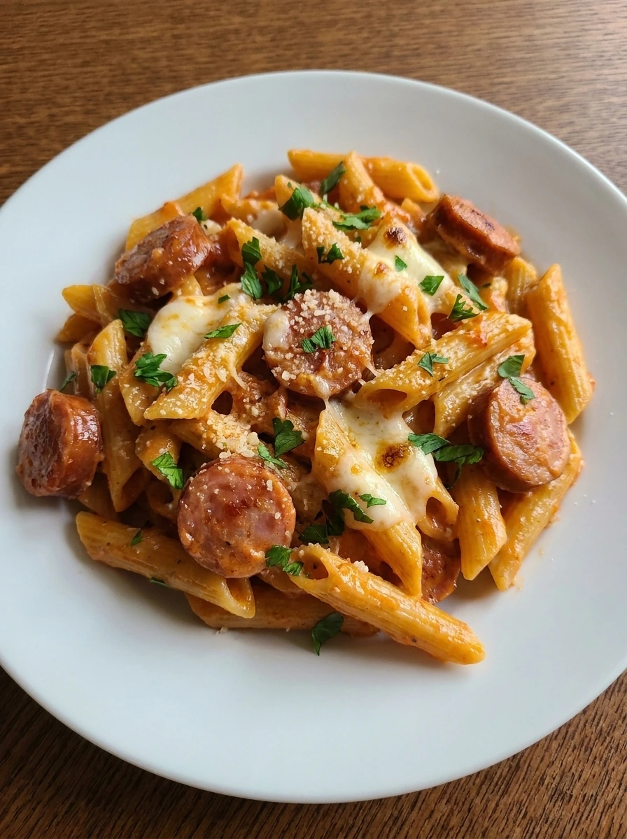 Plated portion of Crockpot Sausage Pasta with parsley and melted cheese.