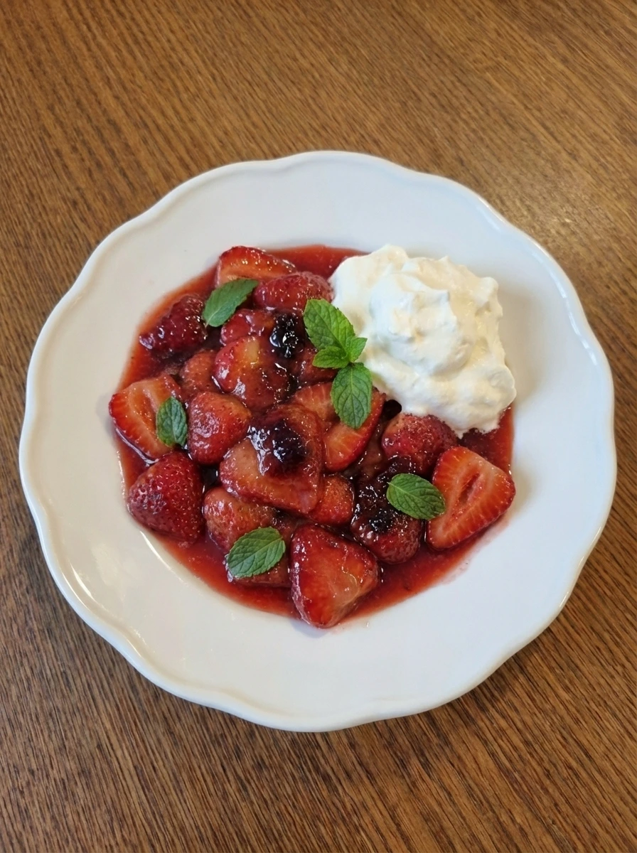 Crustless Fresh Strawberry Pie on a scalloped white ceramic dessert plate with glossy strawberries and whipped cream