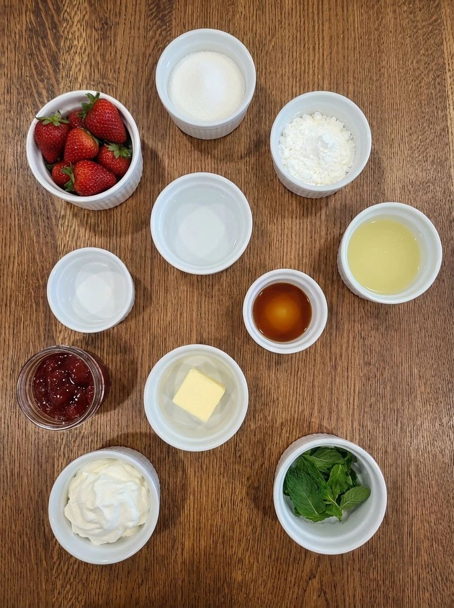 Ingredients for Crustless Fresh Strawberry Pie in separate small white containers