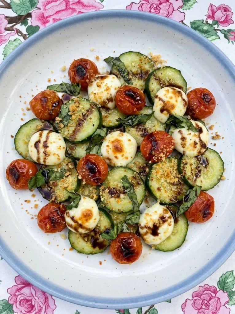 Cucumber Caprese Salad on a white ceramic plate with warm mozzarella and blistered tomatoes
