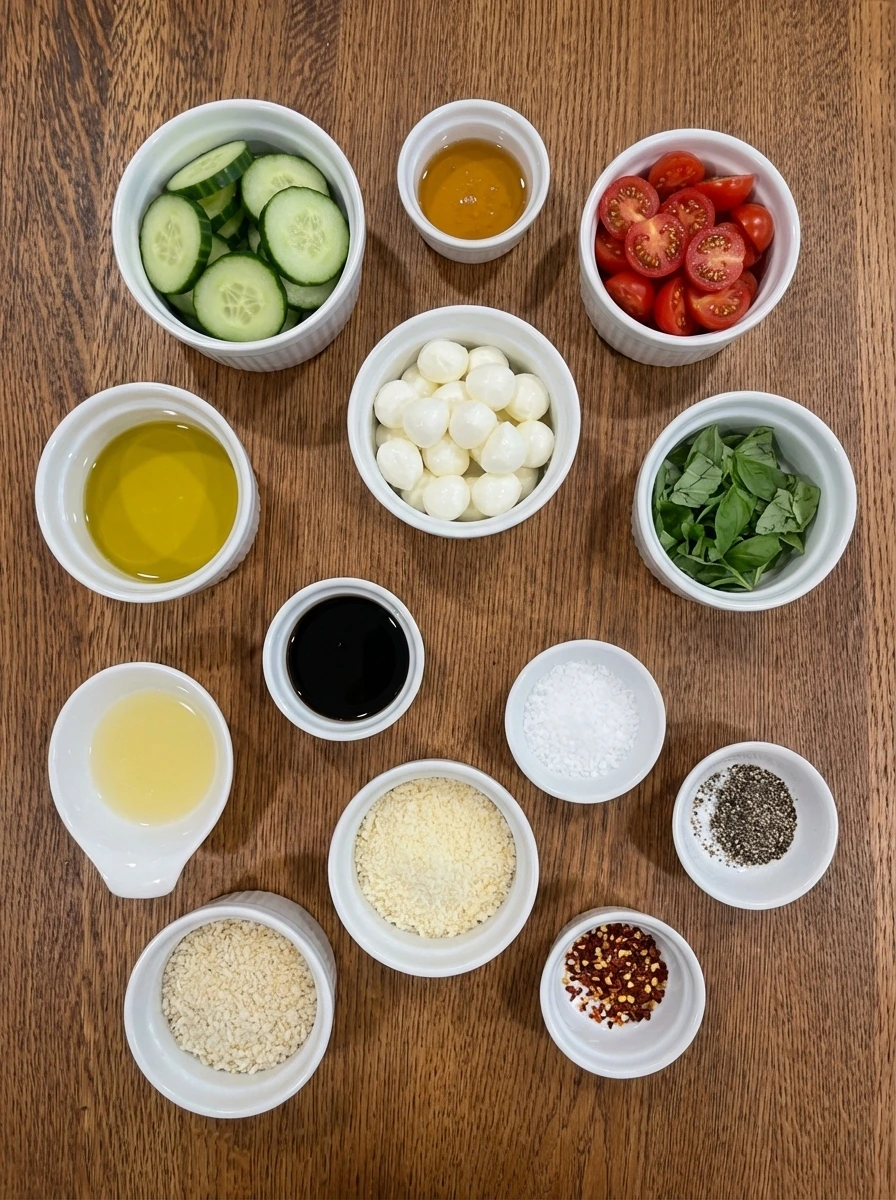 Raw ingredients for Cucumber Caprese Salad in separate small containers