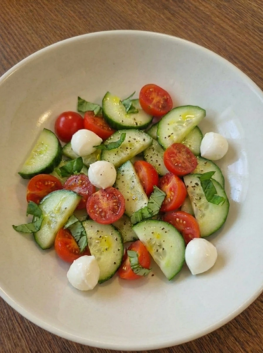 Cucumber tomatoes mozzarella and basil partially mixed in a bowl