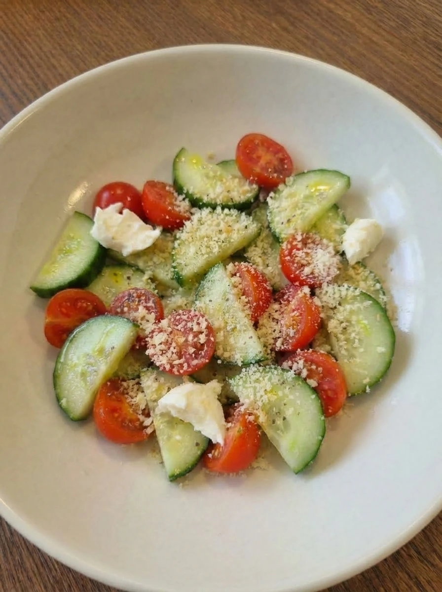 Caprese salad mixture coated with scattered breadcrumb and parmesan topping
