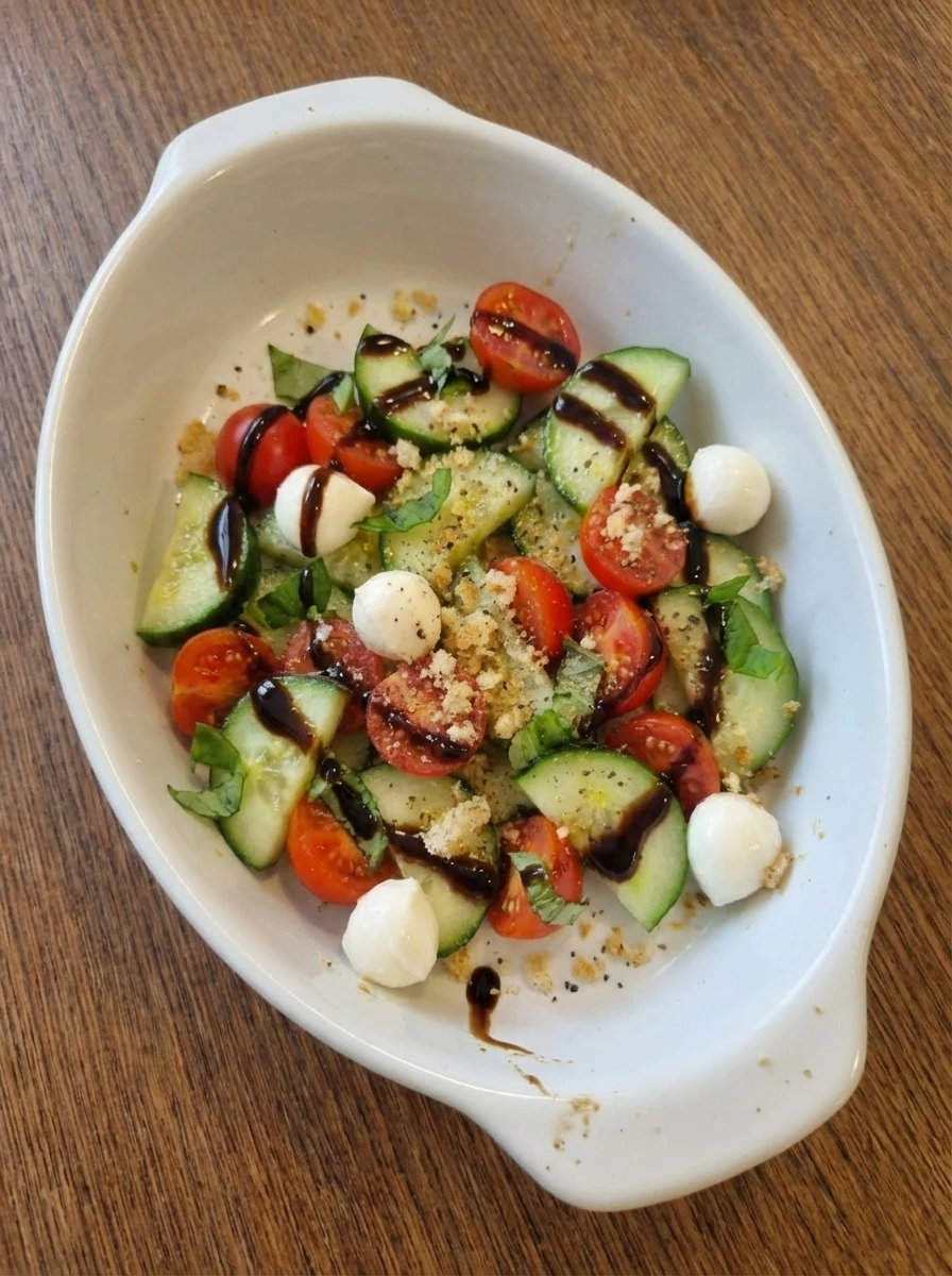 Assembled cucumber caprese mixture in a ceramic baking dish