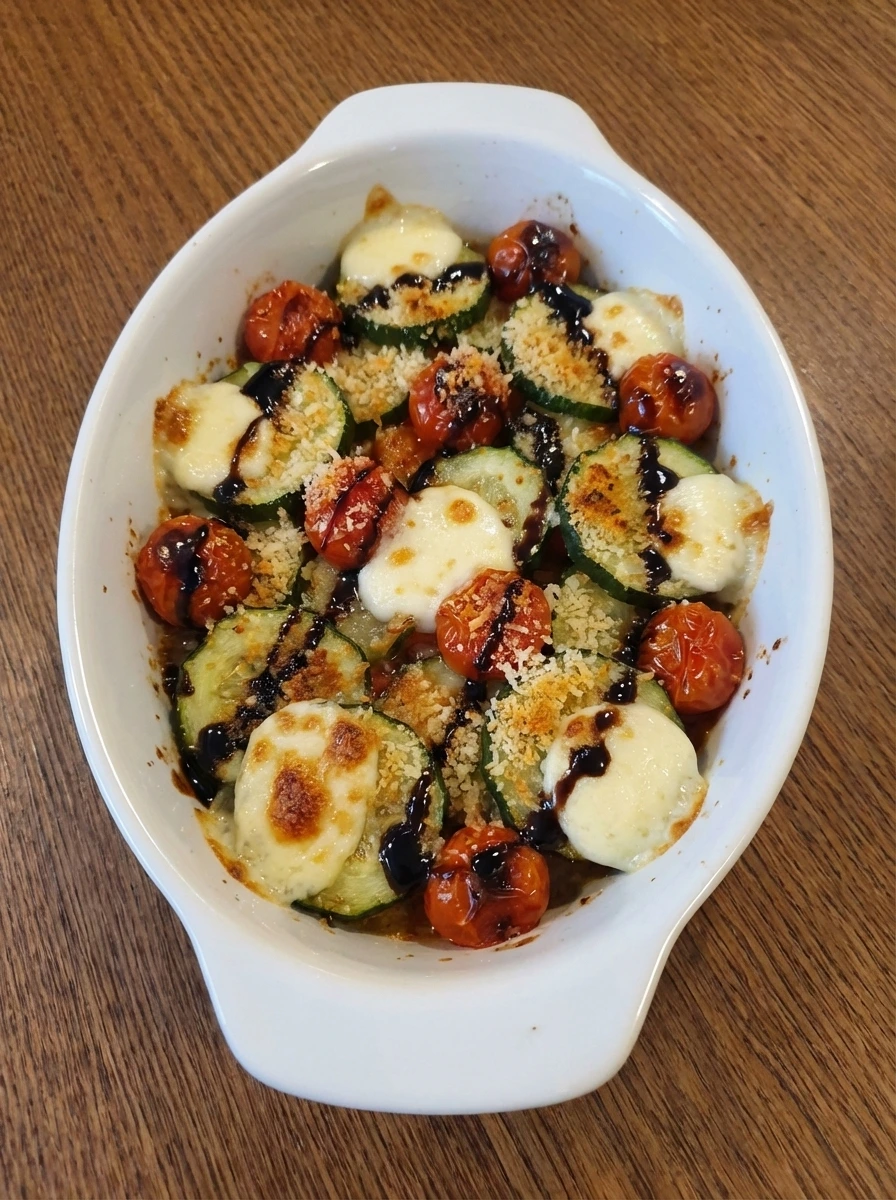 Warm cucumber caprese salad with melted mozzarella and lightly browned topping