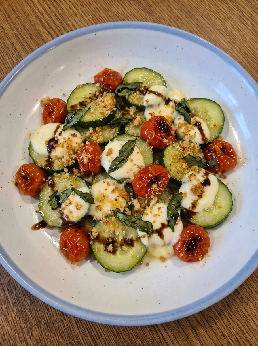 Plated warm Cucumber Caprese Salad with melted mozzarella and basil