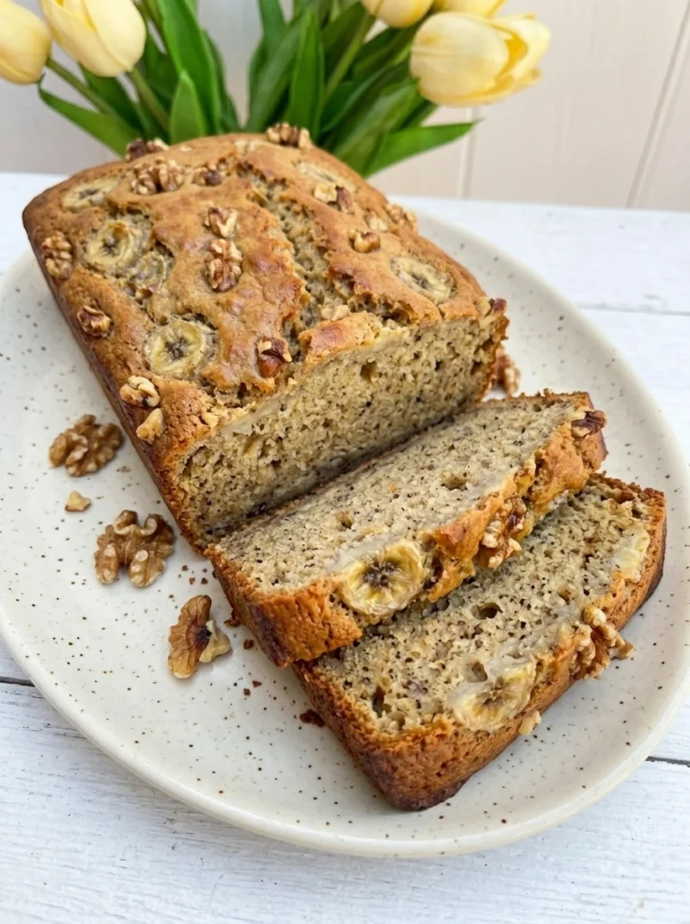 Easy Banana Bread sliced on a speckled oval cream ceramic plate with a golden brown crust and moist crumb.