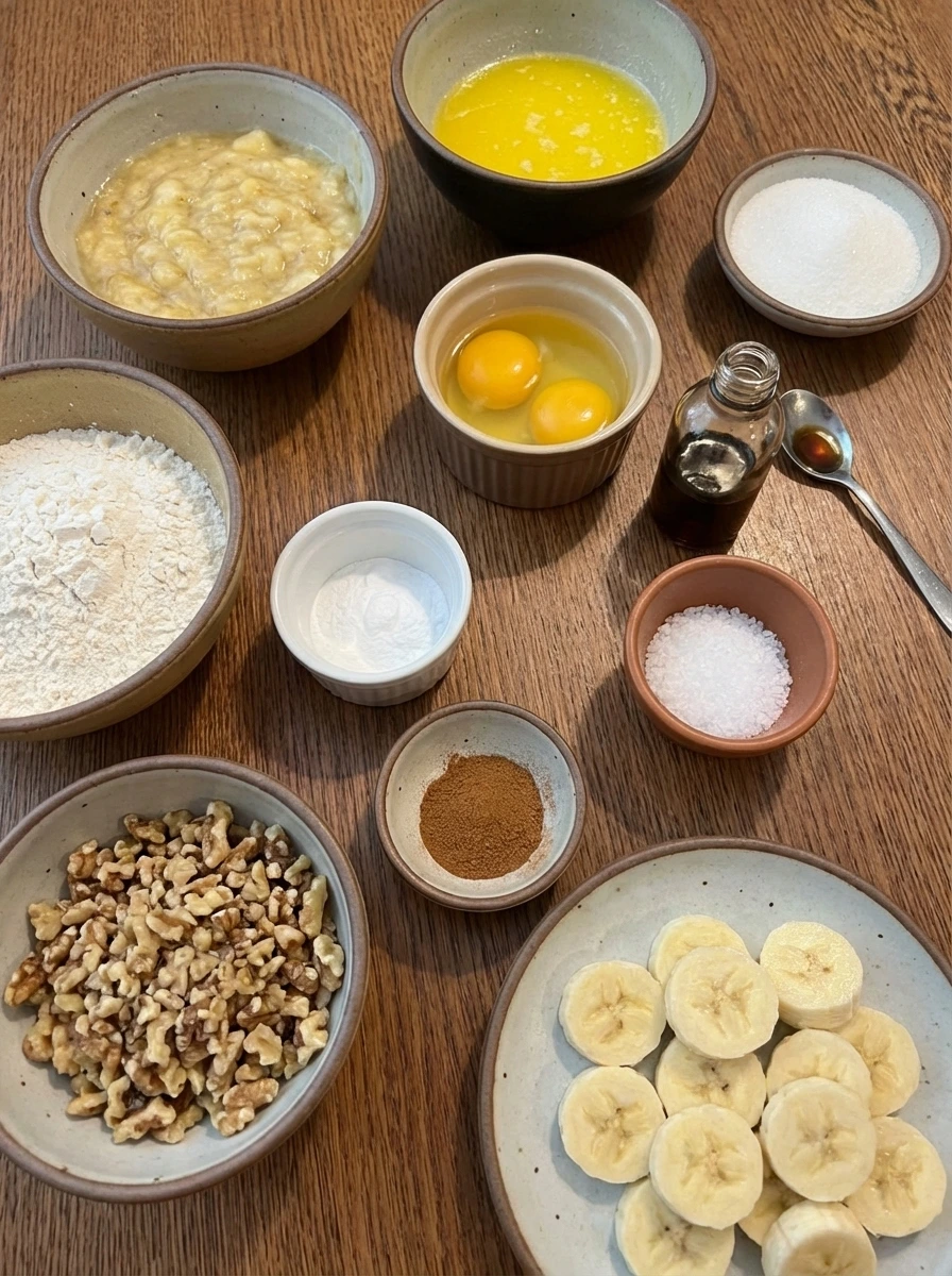 Raw ingredients for Easy Banana Bread in separate small containers.