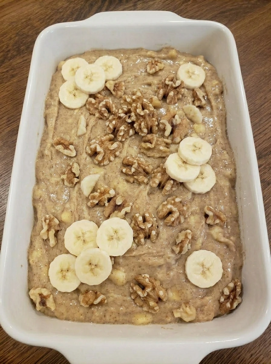 Banana bread batter arranged in a baking dish with banana slices on top.