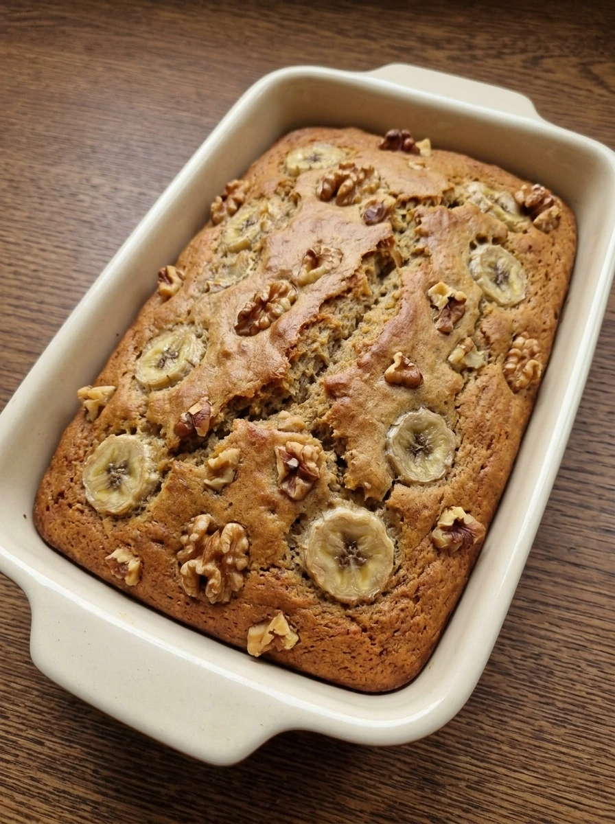 Baked banana bread with a golden brown top in a baking dish.