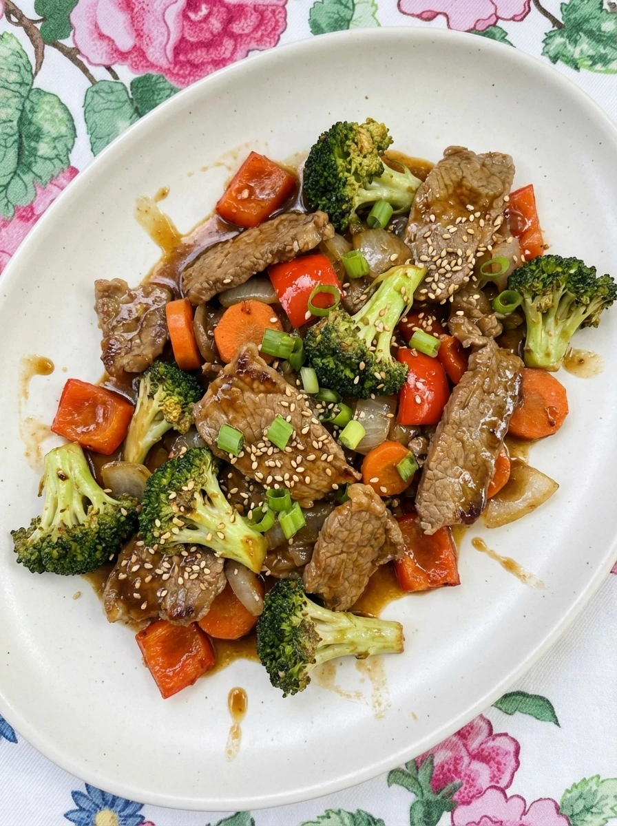Easy Beef Stir Fry plated on a white oval stoneware plate with glossy sauce and tender vegetables