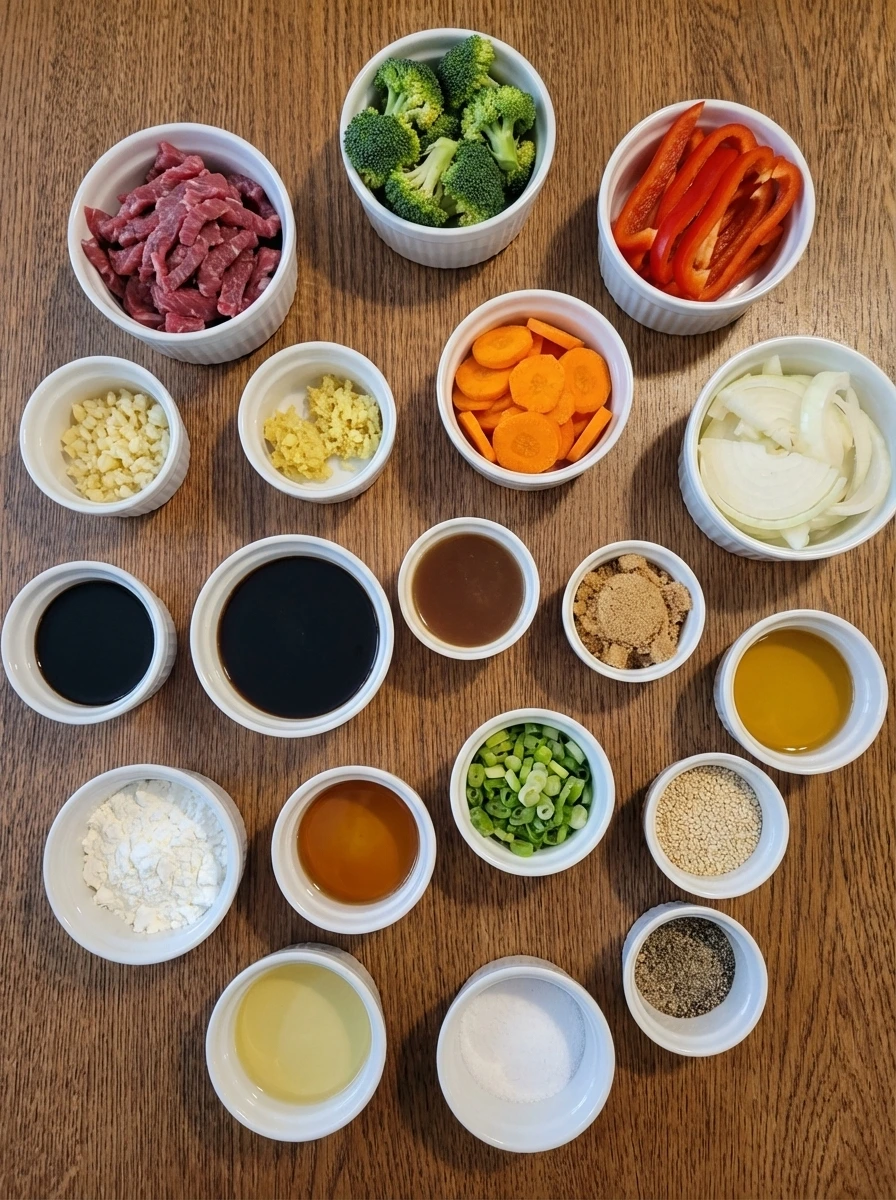 Raw ingredients for Easy Beef Stir Fry in separate small containers