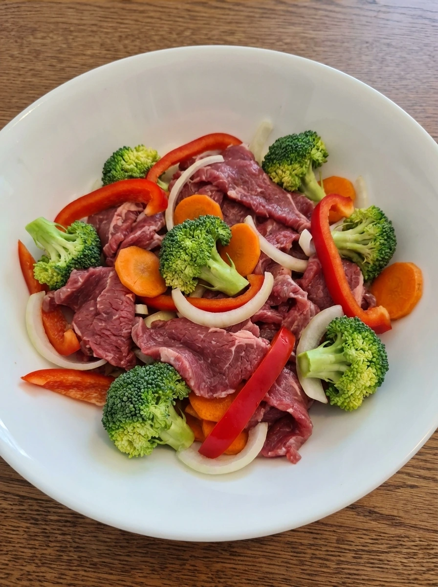 Sliced raw beef and vegetables for Easy Beef Stir Fry in a white bowl
