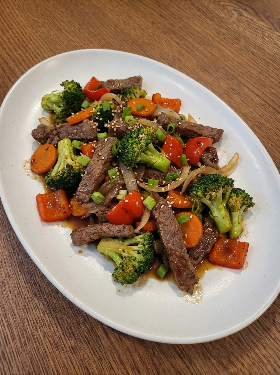 Plated Easy Beef Stir Fry with green onion and sesame seeds