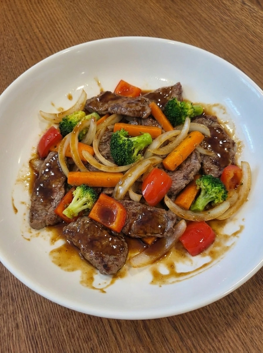 Sauce added to beef and vegetables for Easy Beef Stir Fry
