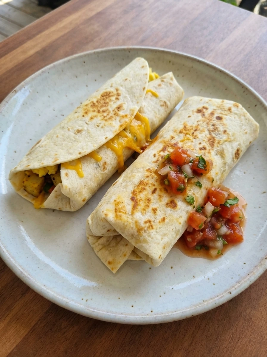 Easy Breakfast Burritos on a rustic round ceramic plate with melted cheese and golden browned tortillas