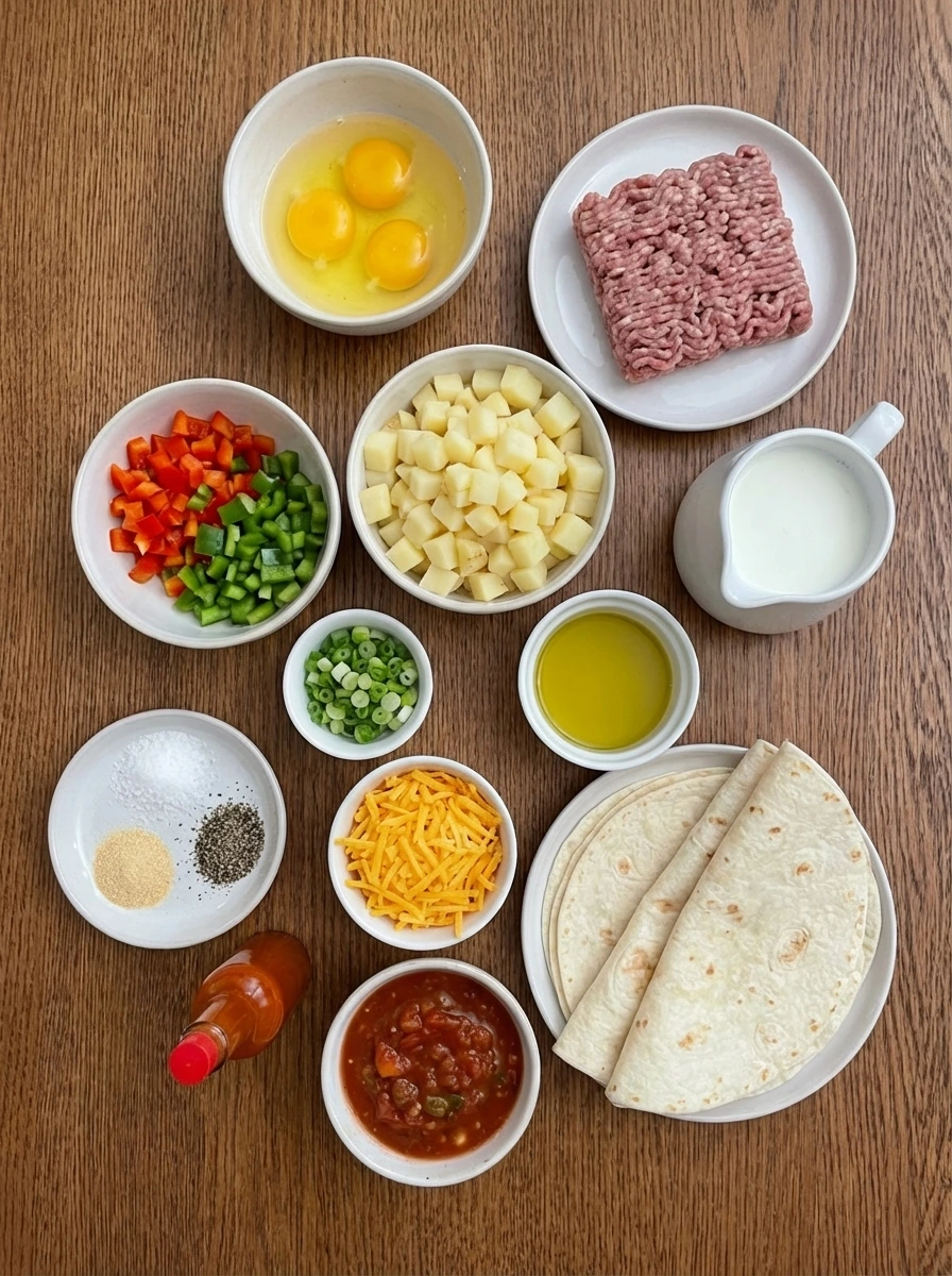 Raw ingredients for Easy Breakfast Burritos in separate small natural white containers