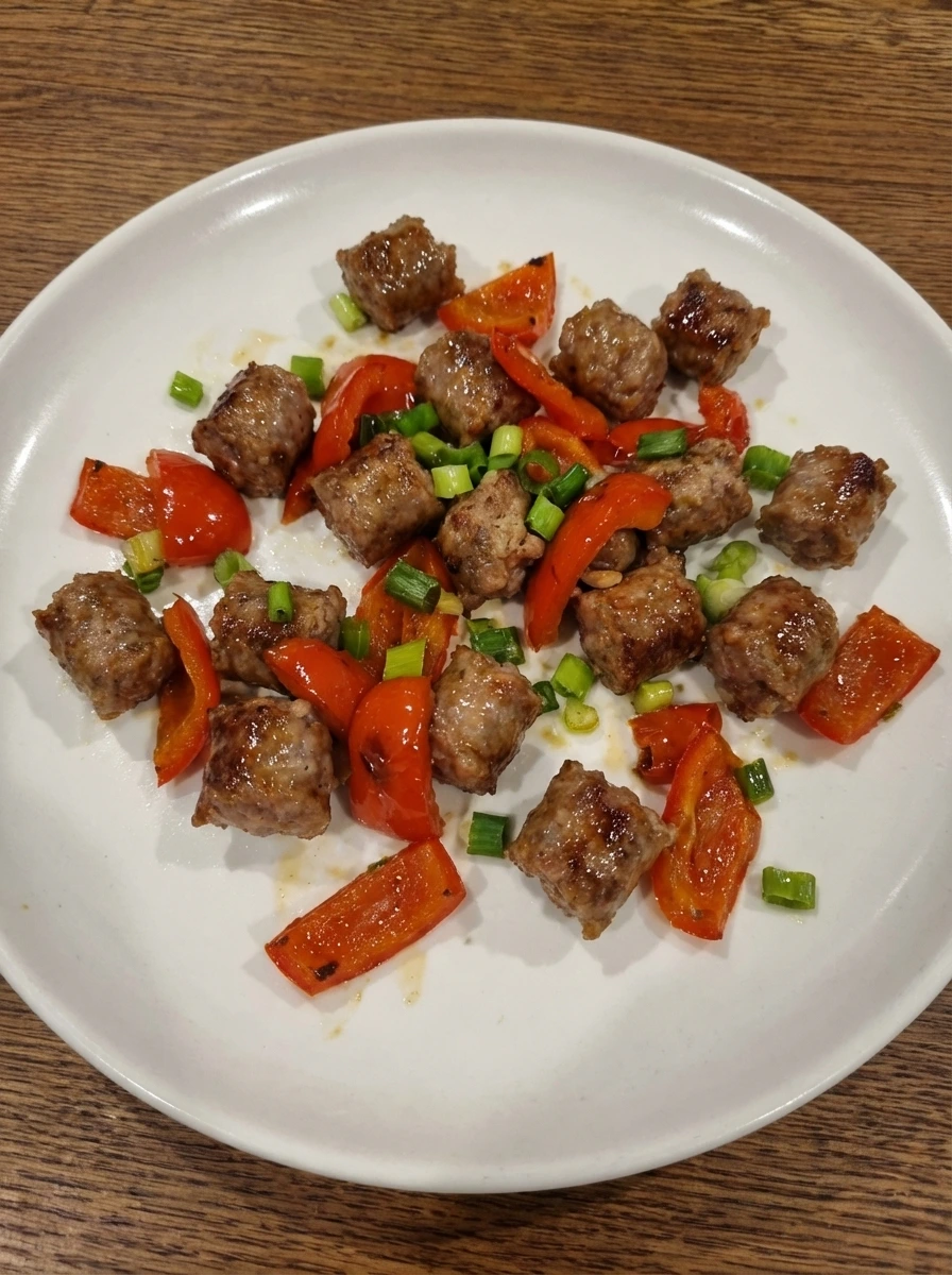 Browned sausage with softened peppers and green onions for Easy Breakfast Burritos