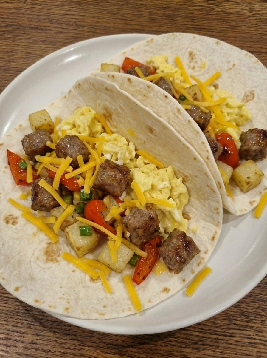 Tortillas layered with eggs sausage potatoes and cheese for Easy Breakfast Burritos