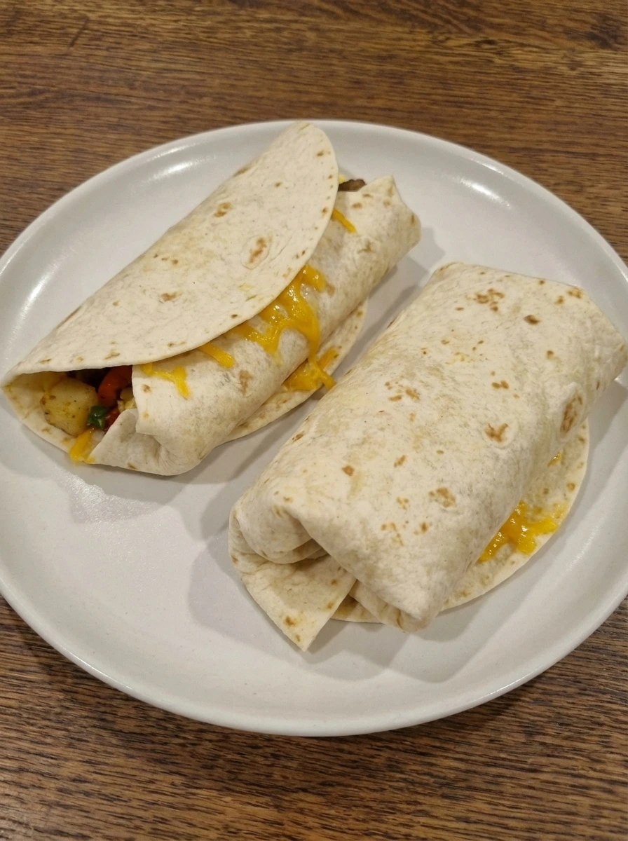 Folded Easy Breakfast Burritos with tucked ends and natural uneven seams