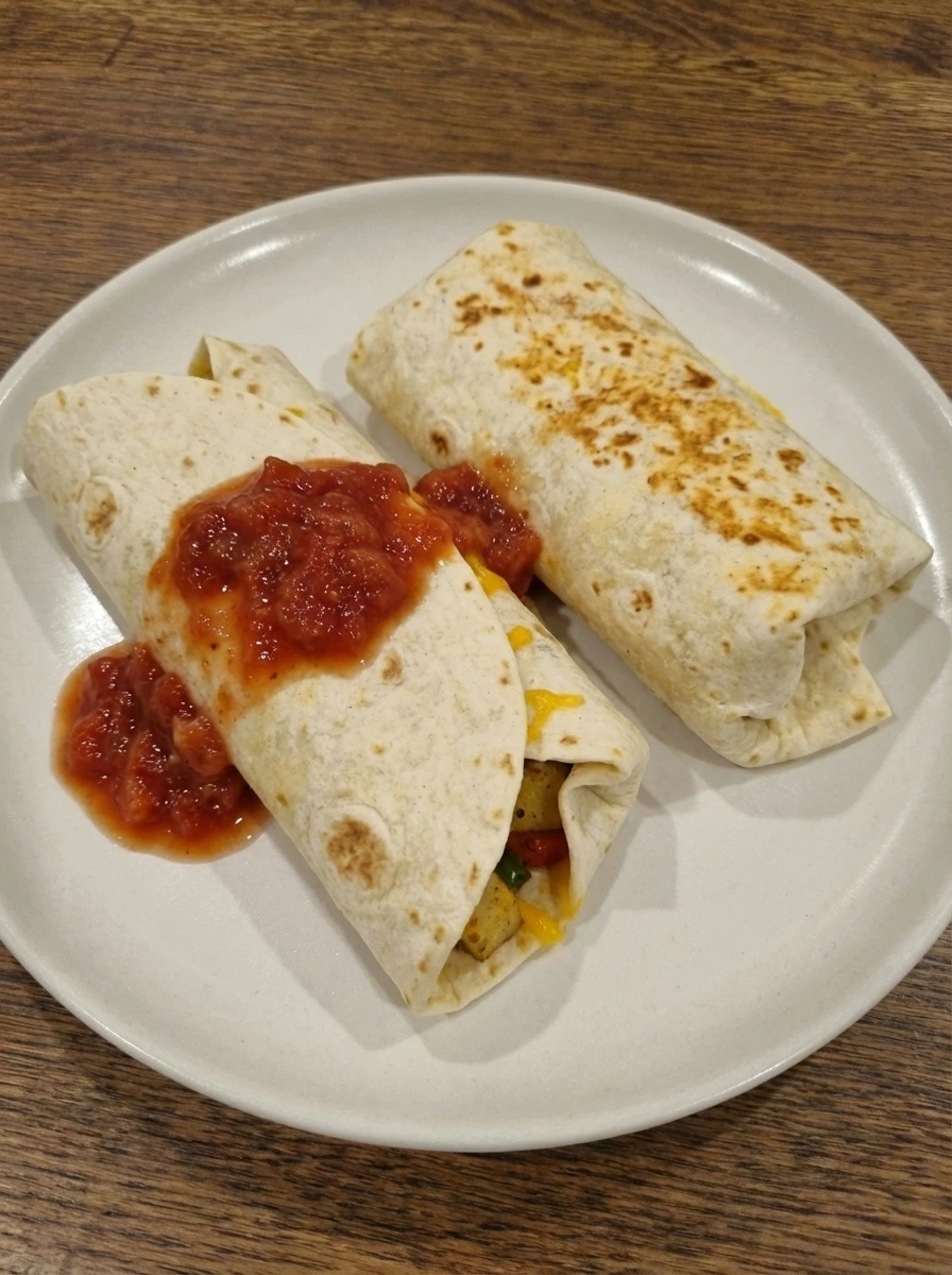 Toasted Easy Breakfast Burritos with golden browning and salsa
