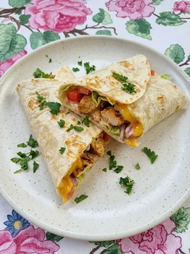 Easy Chicken Wrap on a white speckled plate with browned chicken melted cheese lettuce tomato and parsley