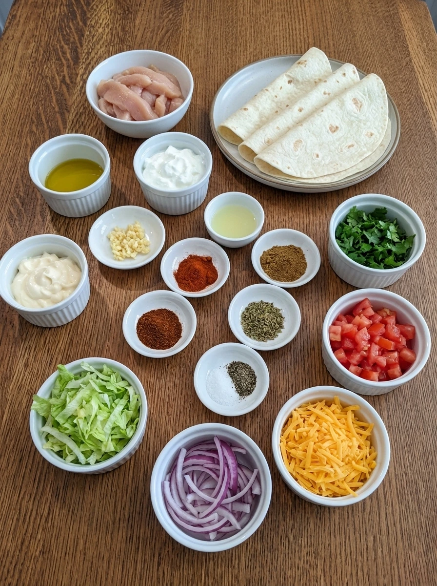 Ingredients for Easy Chicken Wrap in separate small containers