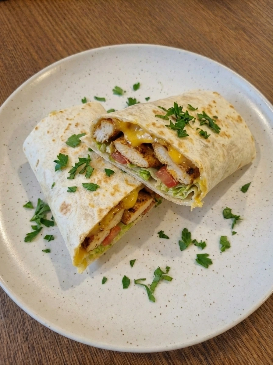 Plated Easy Chicken Wrap cut in half with browned chicken and melted cheese