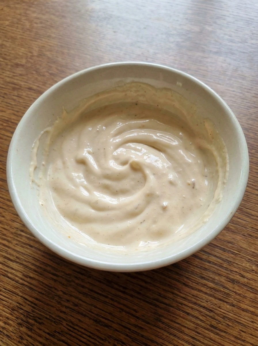 Creamy yogurt sauce mixed for chicken wraps