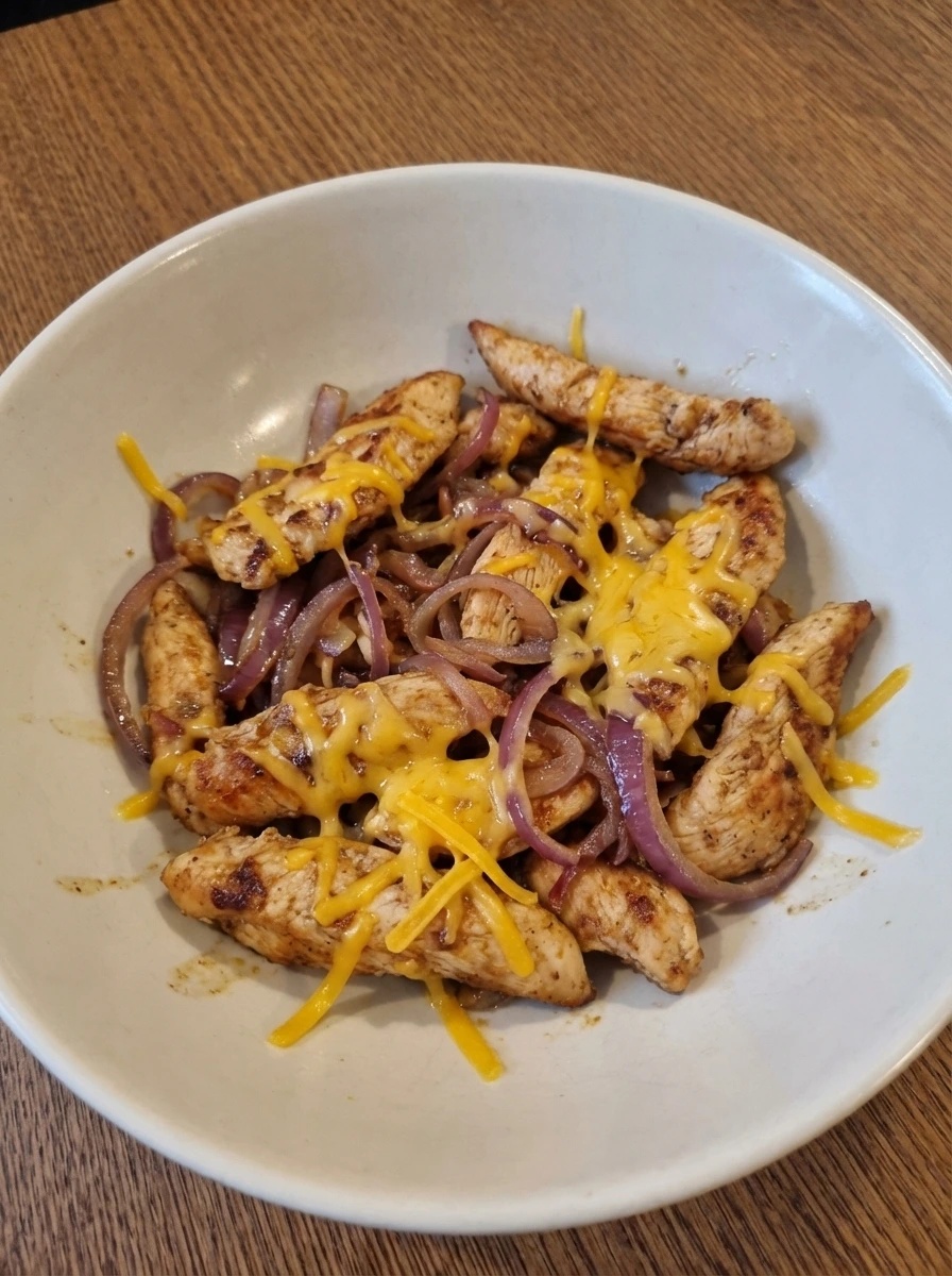 Warm chicken filling with softened onion and partially melted cheese