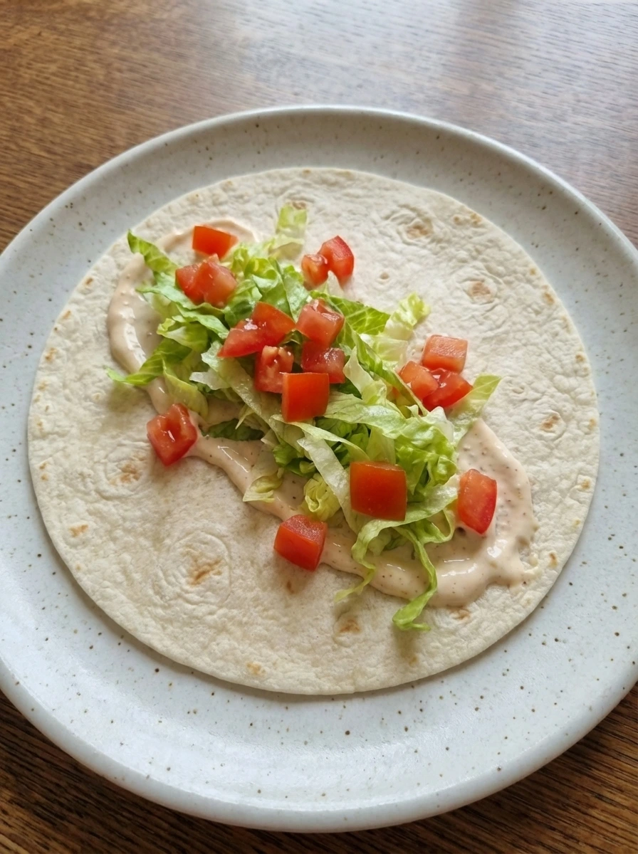 Tortilla layered with sauce lettuce and tomato for a chicken wrap