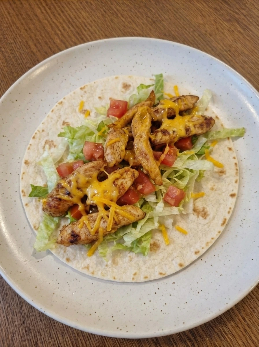 Warm chicken filling added over vegetables in a tortilla