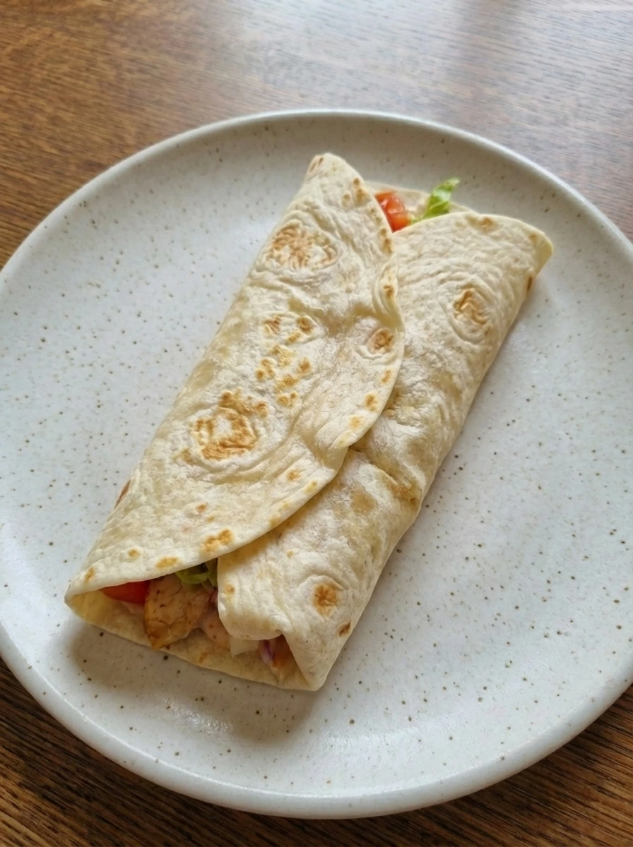 Folded chicken wrap with light golden browning on the tortilla