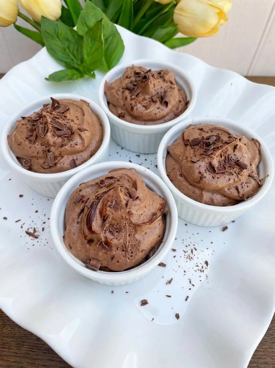 Easy Chocolate Mousse in ramekins with swirled tops and chocolate shavings.