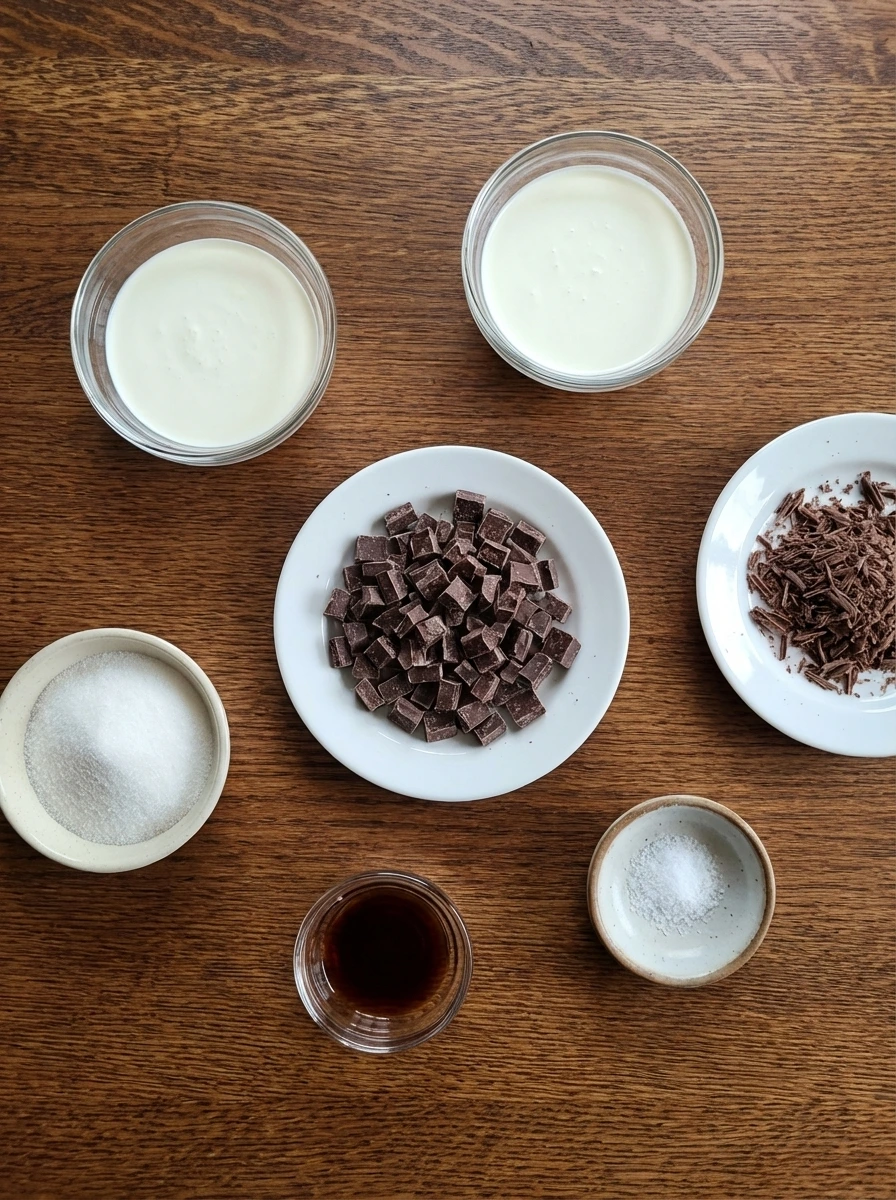 Ingredients for Easy Chocolate Mousse in separate small containers.
