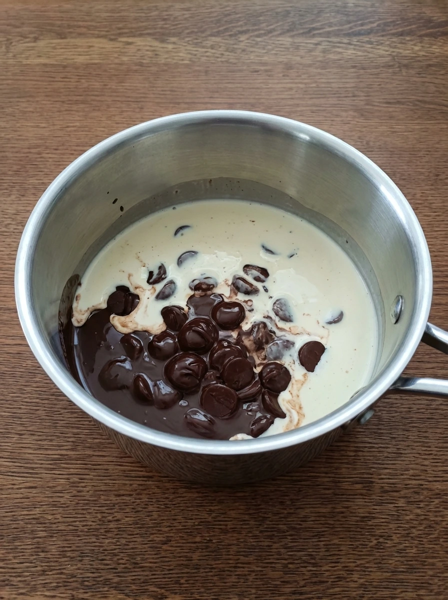 Chocolate melting with cream into a smooth base for mousse.