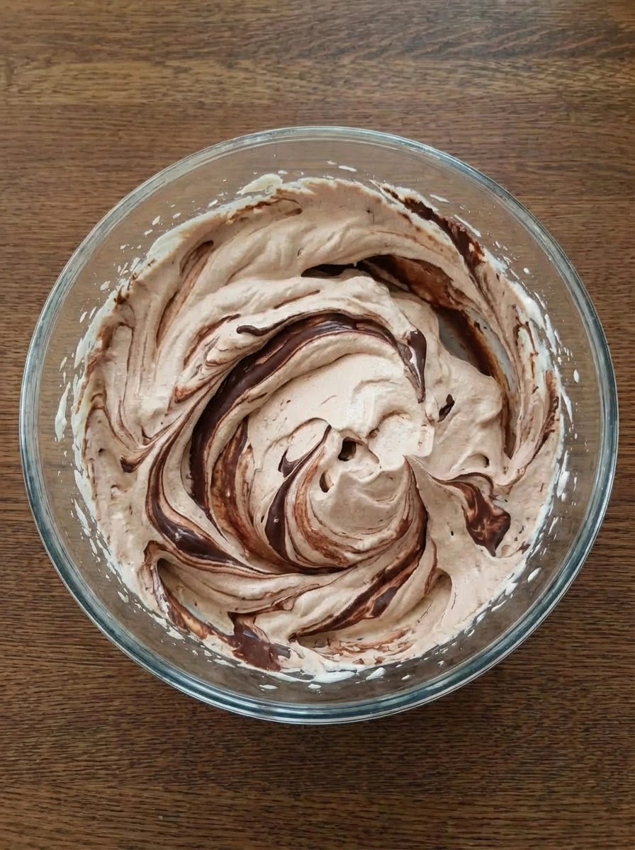 Chocolate folded into whipped cream for Easy Chocolate Mousse.