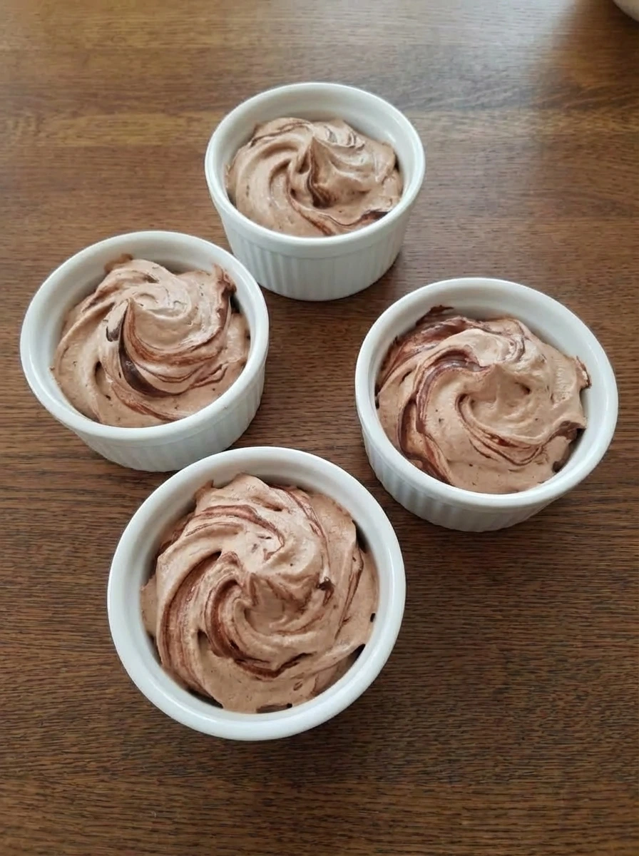 Chocolate mousse spooned into ramekins.