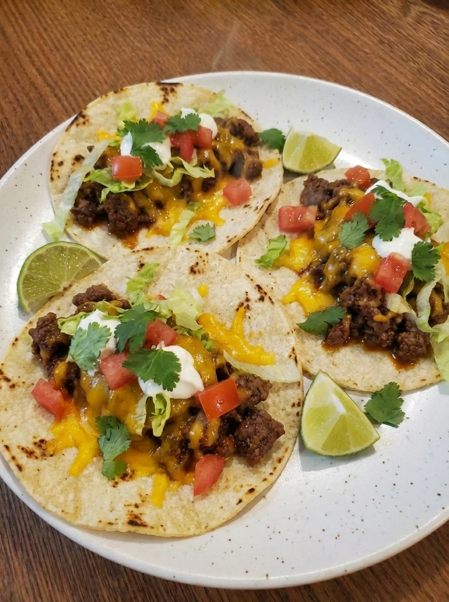Easy Ground Beef Tacos plated with seasoned beef softened cheese lettuce tomatoes sour cream and cilantro