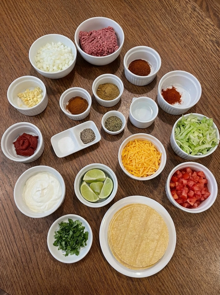 Raw ingredients for Easy Ground Beef Tacos arranged in separate small containers