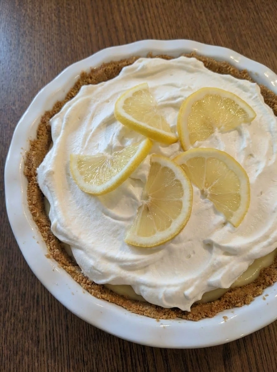 Easy Lemon Cream Pie on a rustic white ceramic pie plate with whipped cream and lemon slices