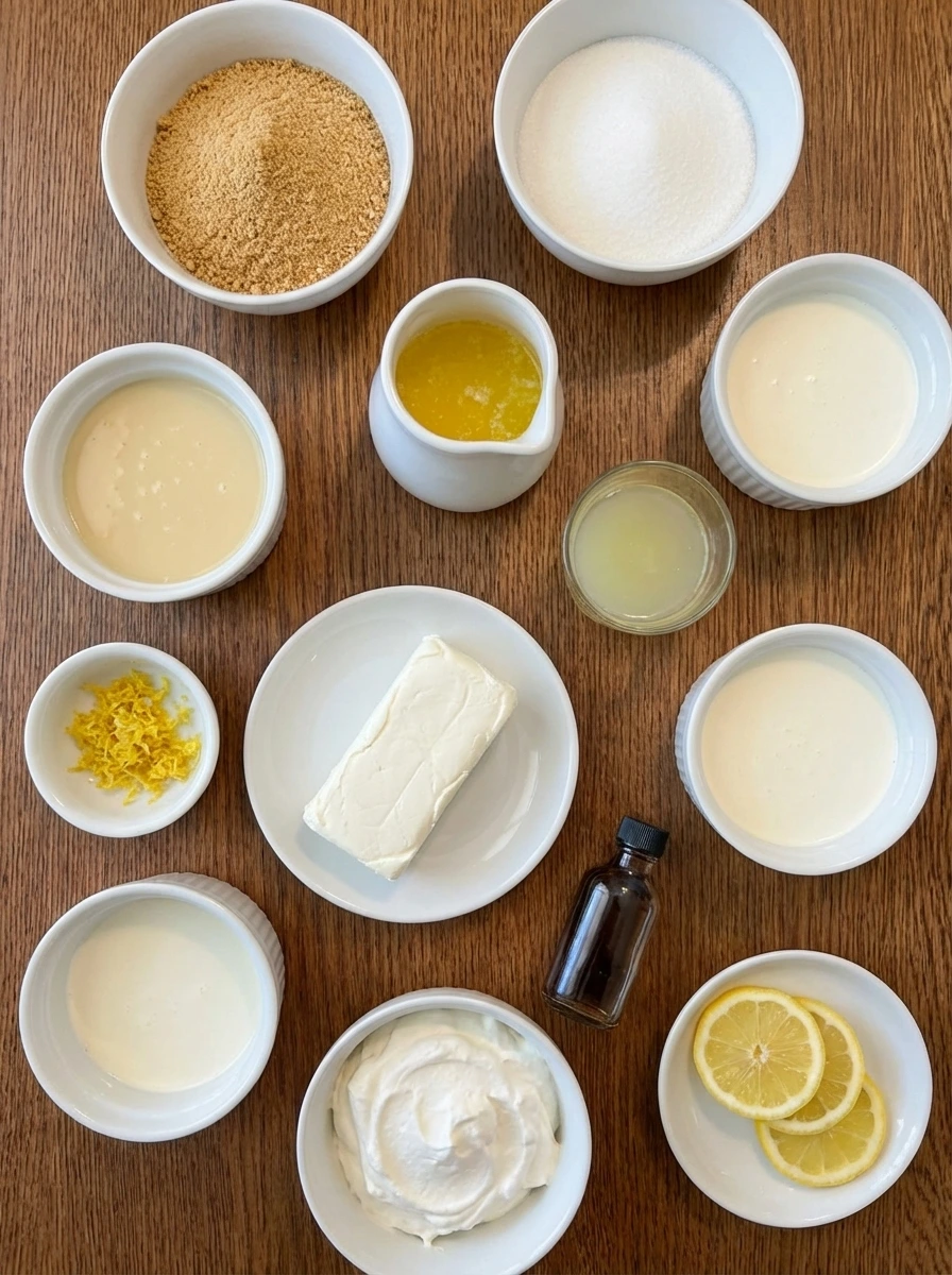Ingredients for Easy Lemon Cream Pie in separate small white containers